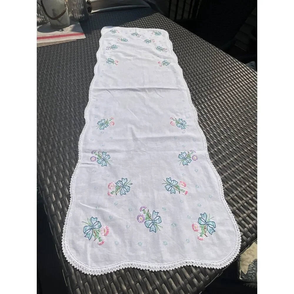 Vintage Hand Embroidered Dresser Scarf Blue Bows Floral Crochet Edge Cottagecore